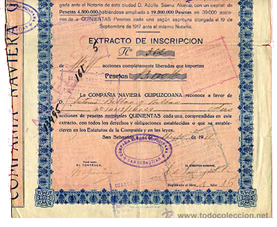 Certificate of participating shares in the Compañía Naviera Guipuzcona. Photo: wikimedia